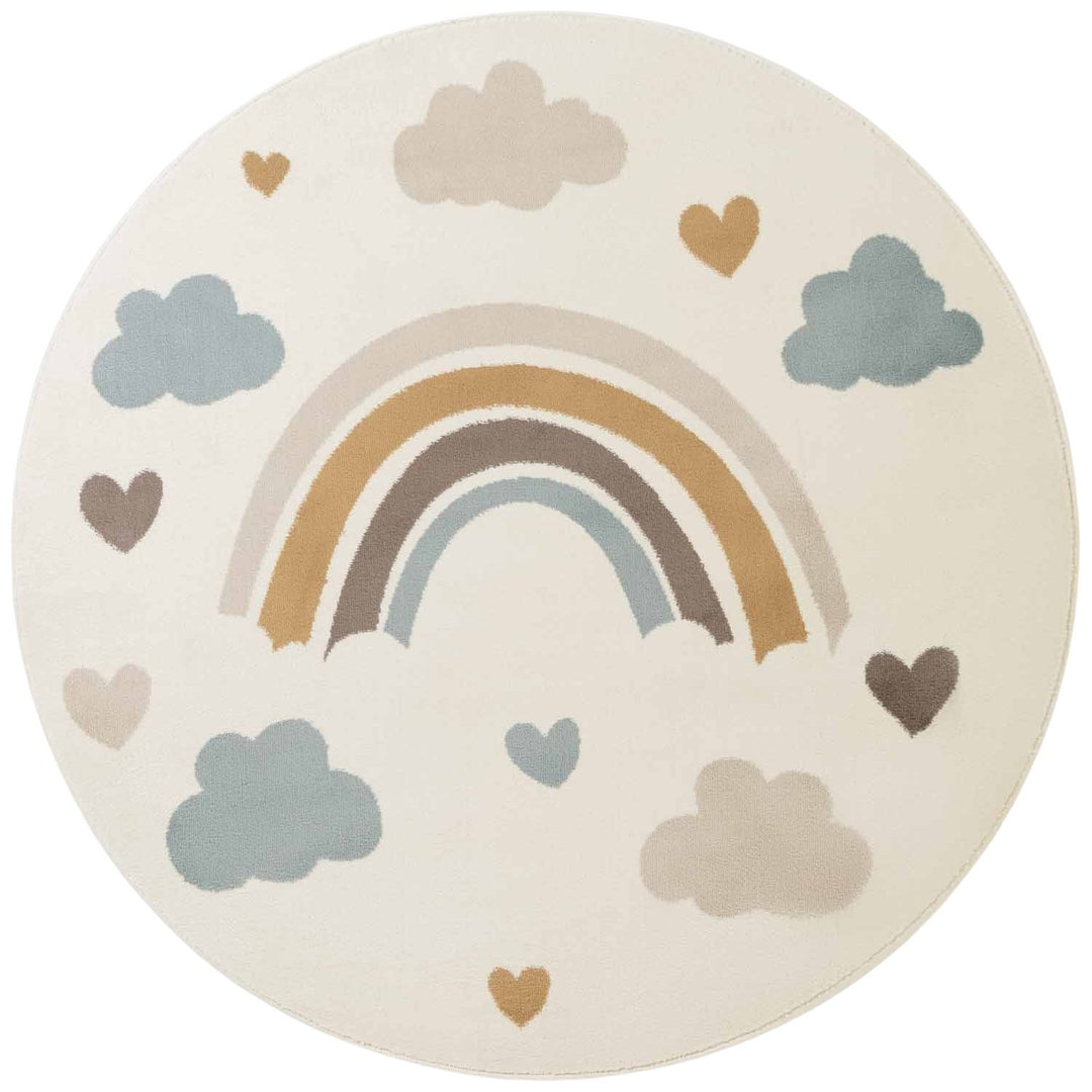 Round rug with rainbow and cloud design on a white background
