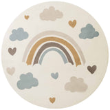 Round rug with rainbow and cloud design on a white background