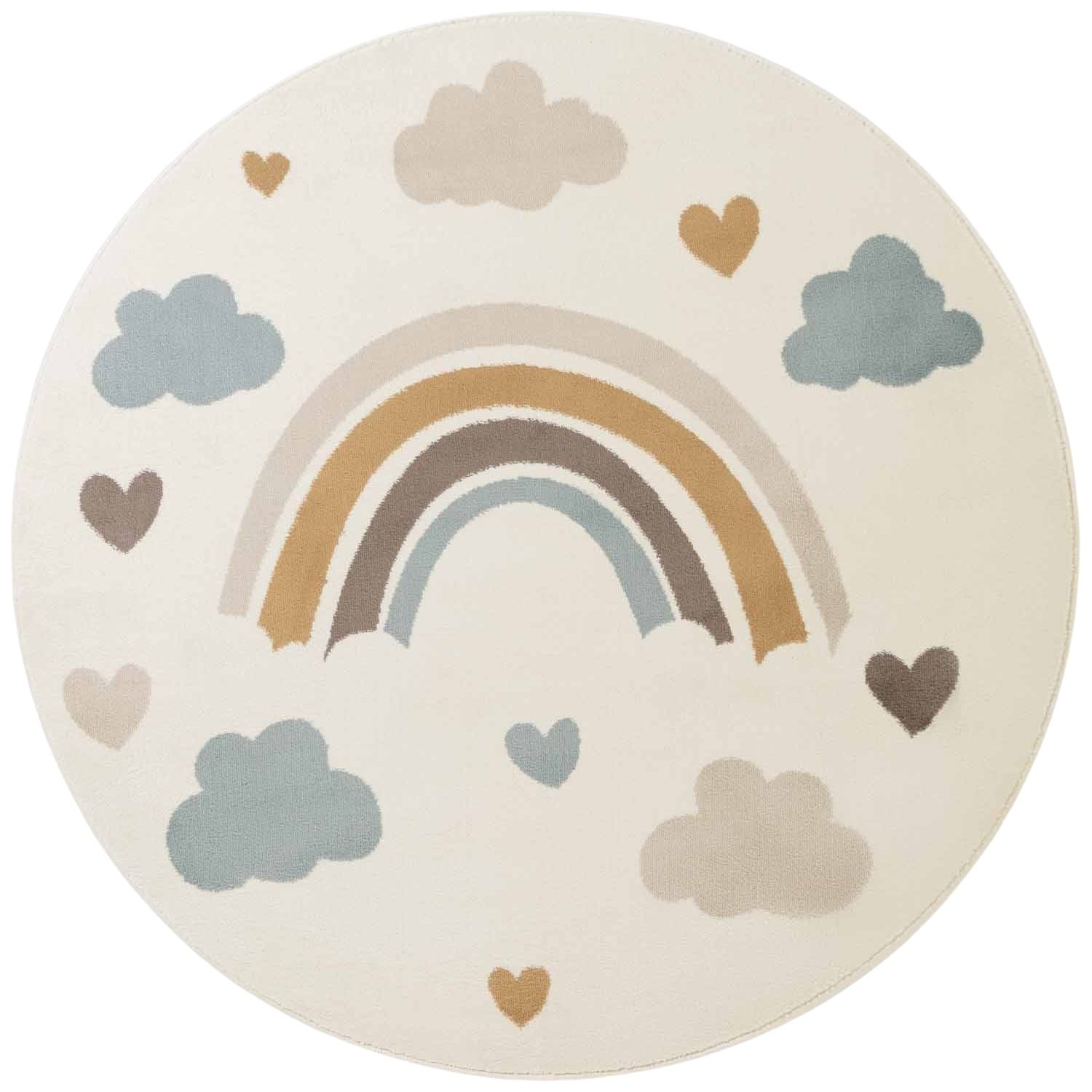 Round rug with rainbow and cloud design on a white background