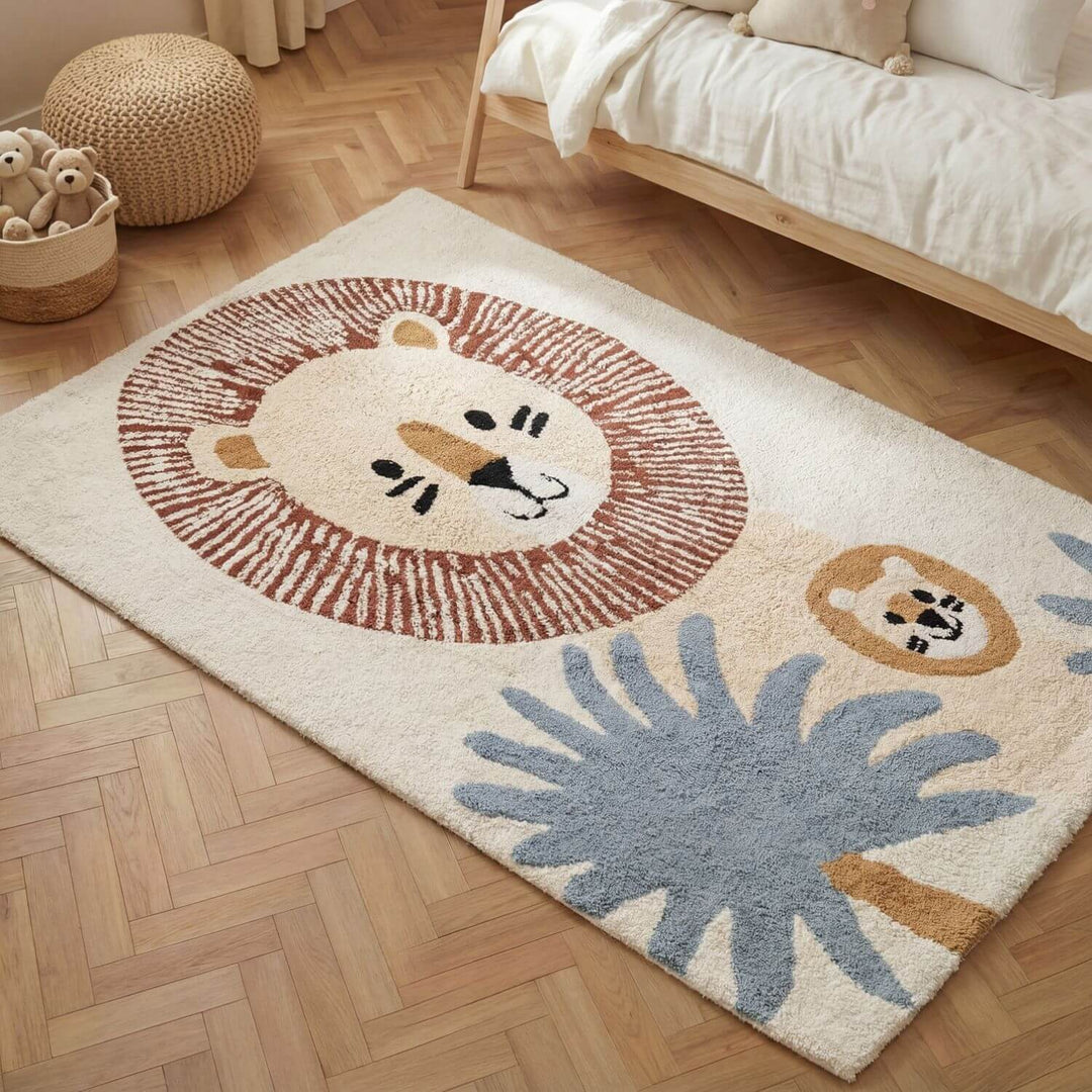 Children's rug with lion design on a wooden floor
