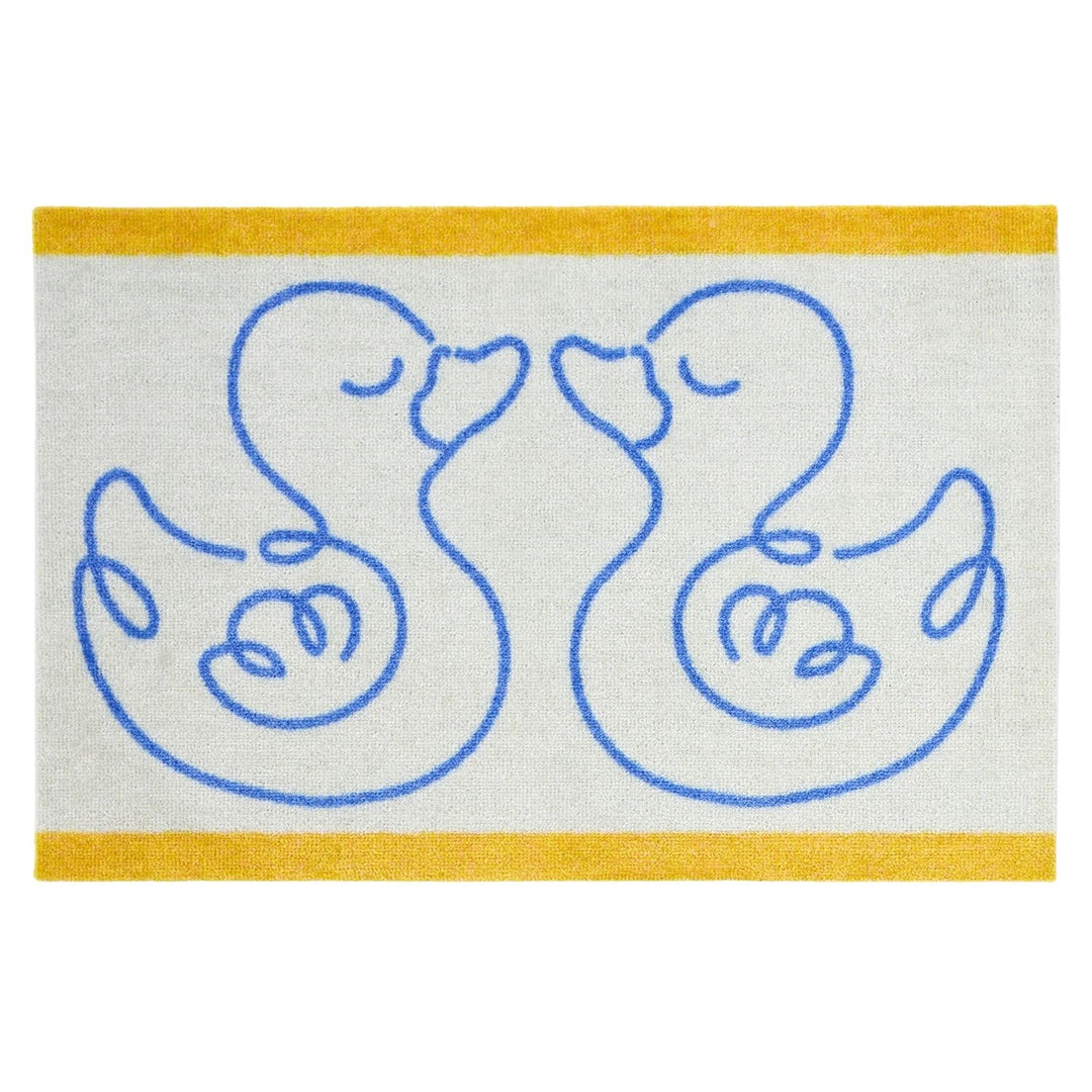 Doormat with blue duck illustrations on a white background with yellow borders