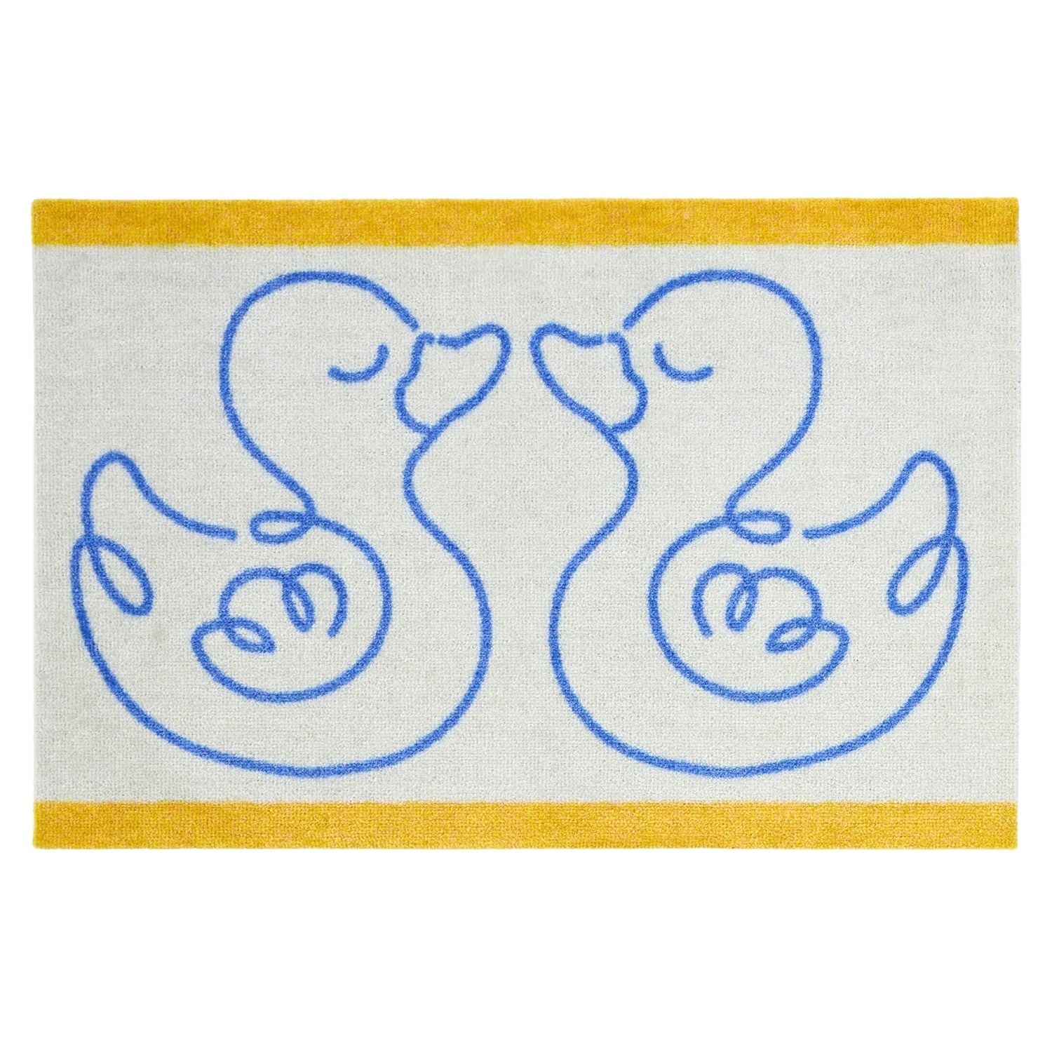 Doormat with blue duck illustrations on a white background with yellow borders