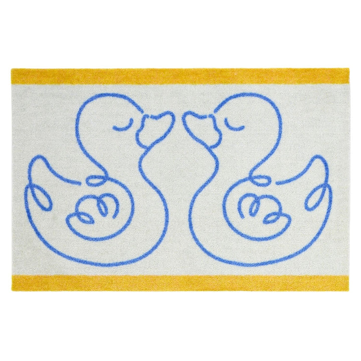 Doormat with blue duck illustrations on a white background with yellow borders