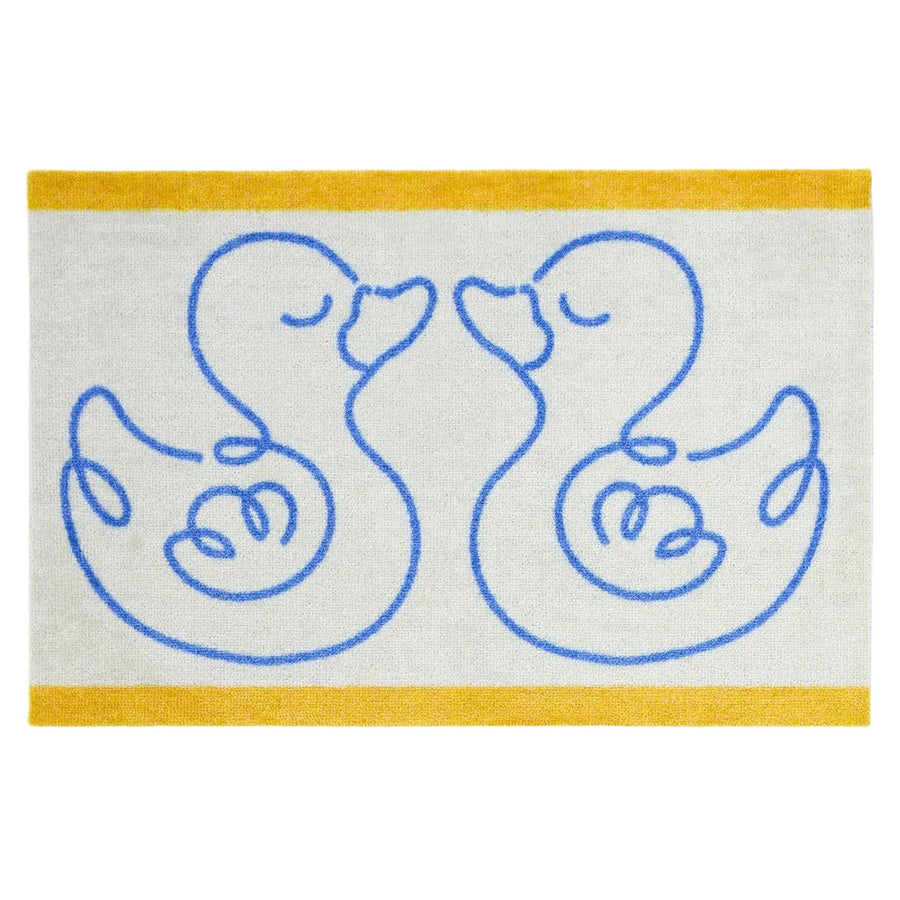 Doormat with blue duck illustrations on a white background with yellow borders