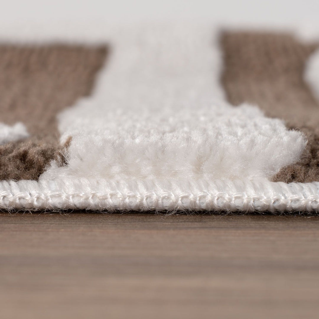 Close-up of a carpet with a brown border and white padding
