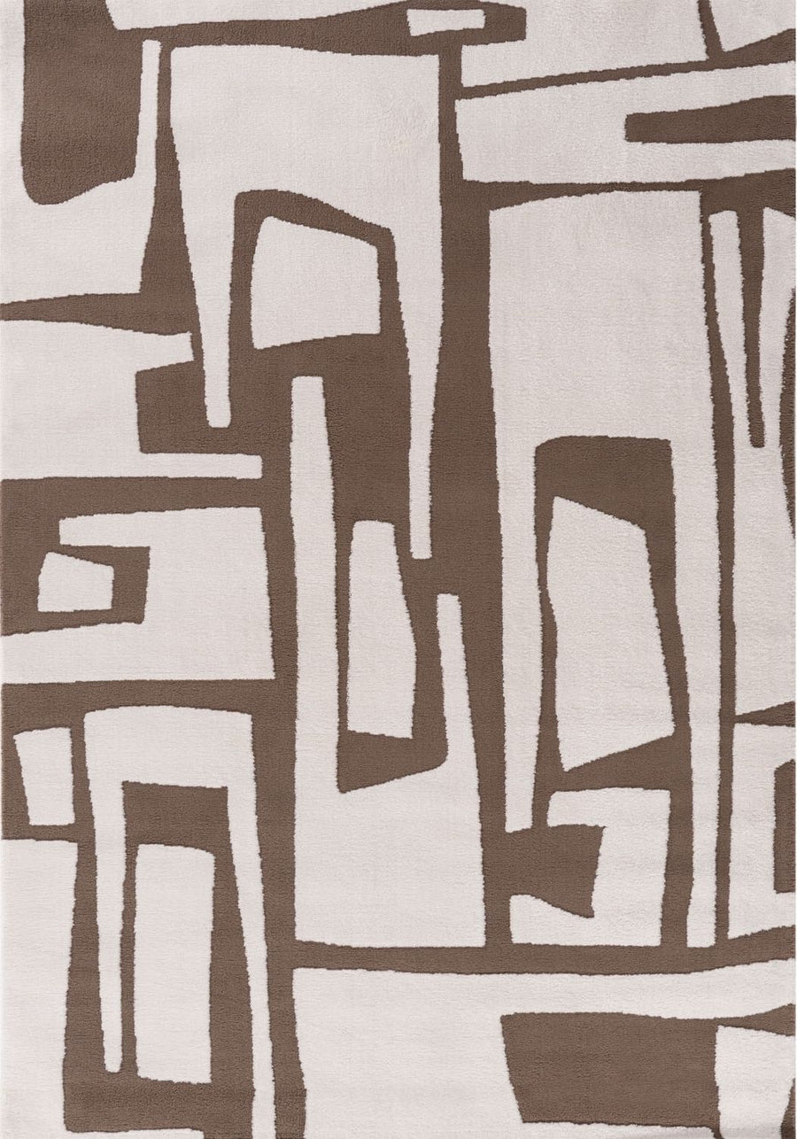 Abstract patterned rug with brown and beige shapes on a white background