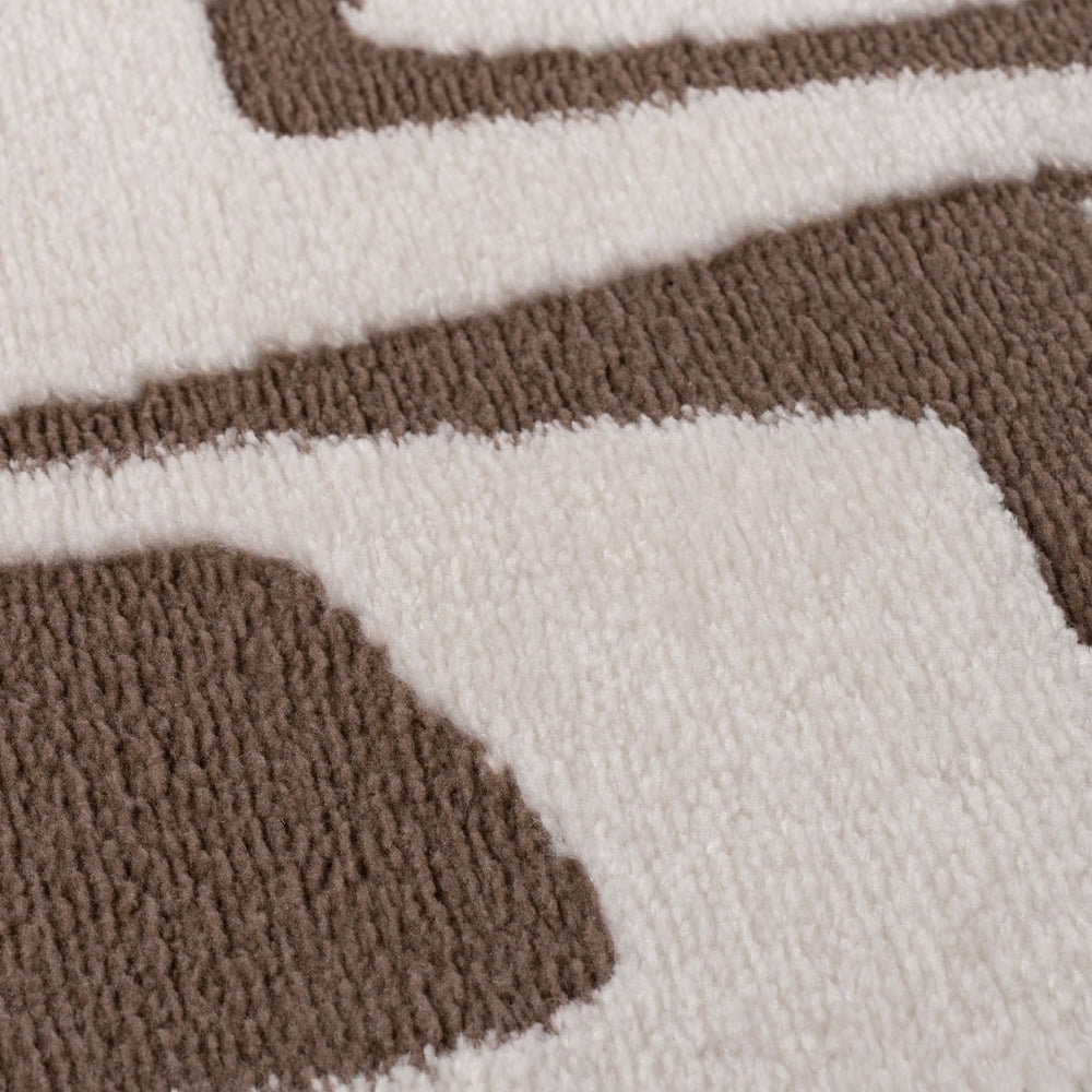 Close-up of a textured brown and beige rug with geometric patterns.