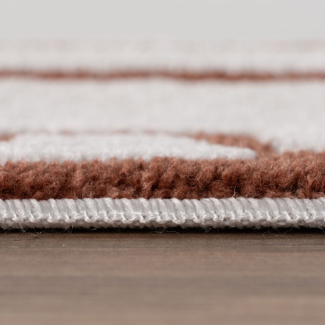 Close-up of a brown and white striped rug on a wooden floor.