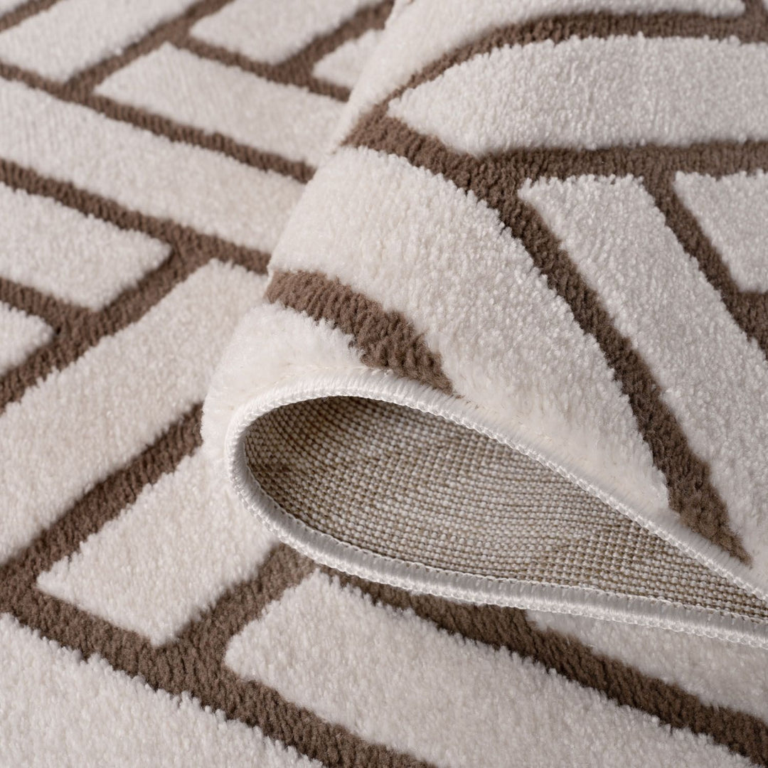 Close-up of a textured brown and beige geometric-patterned rug.
