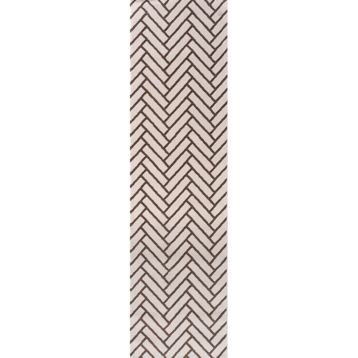 Rectangular area rug with a geometric pattern on a white background
