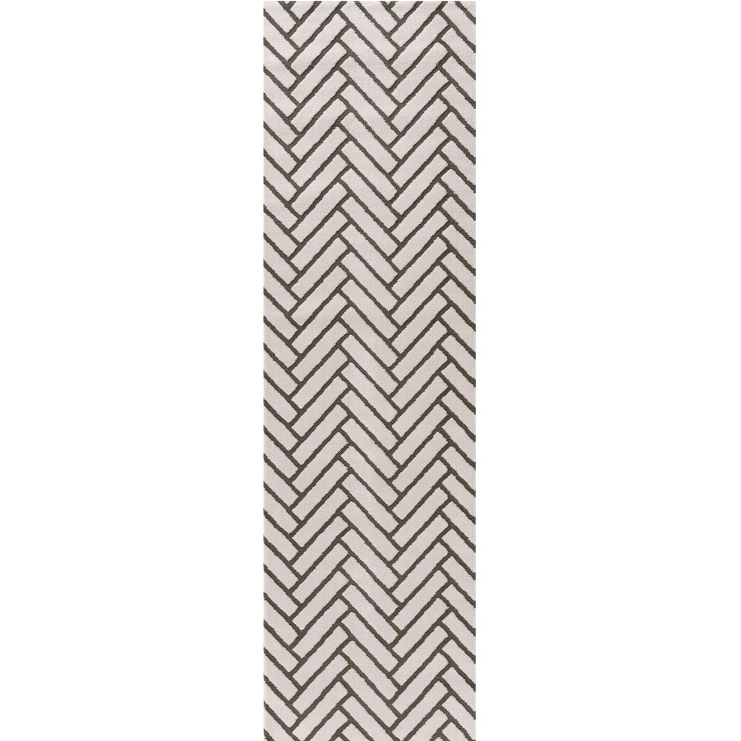 Rectangular area rug with a geometric pattern on a white background
