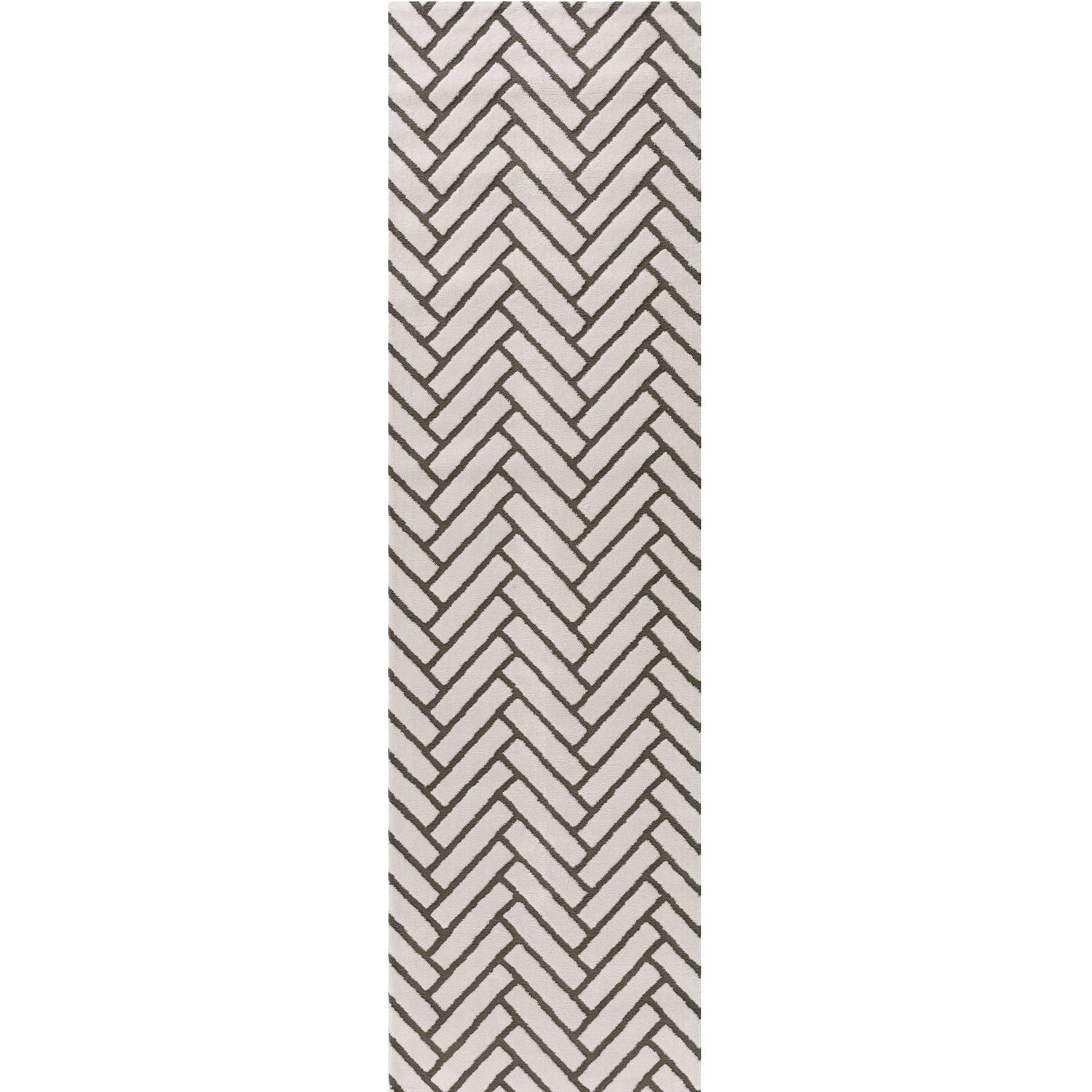 Rectangular area rug with a geometric pattern on a white background