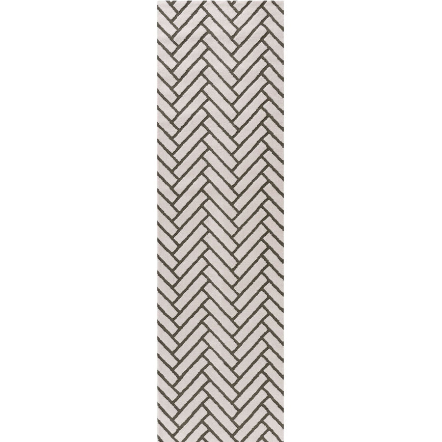 Rectangular area rug with a geometric pattern on a white background