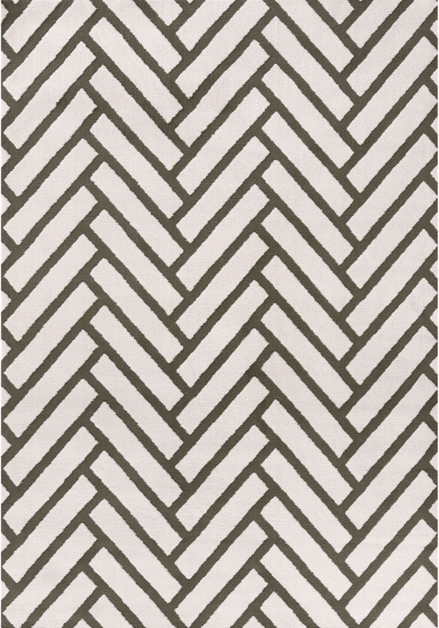 Patterned fabric with a zigzag design in gray and white.