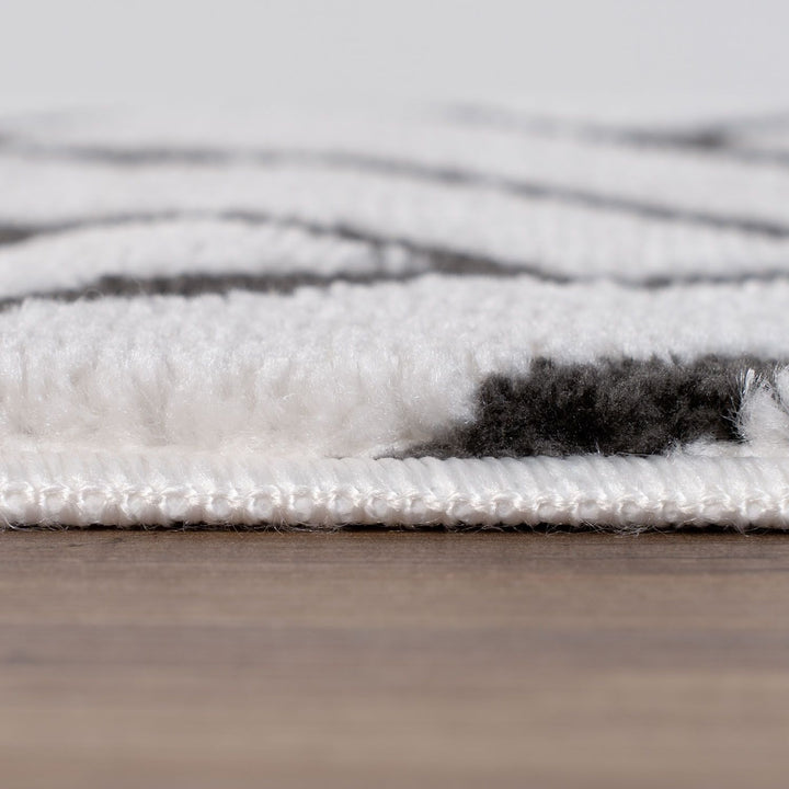 Close-up of a textured rug with white and gray pattern on a wooden floor.