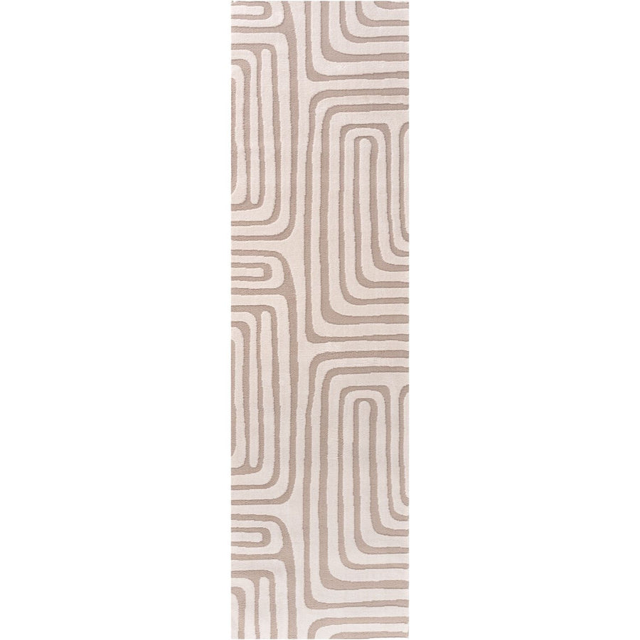 Rectangular area rug with a beige and brown wavy pattern on a white background