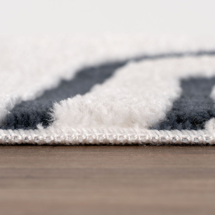 Close-up of a textured rug with a geometric pattern on a wooden floor.