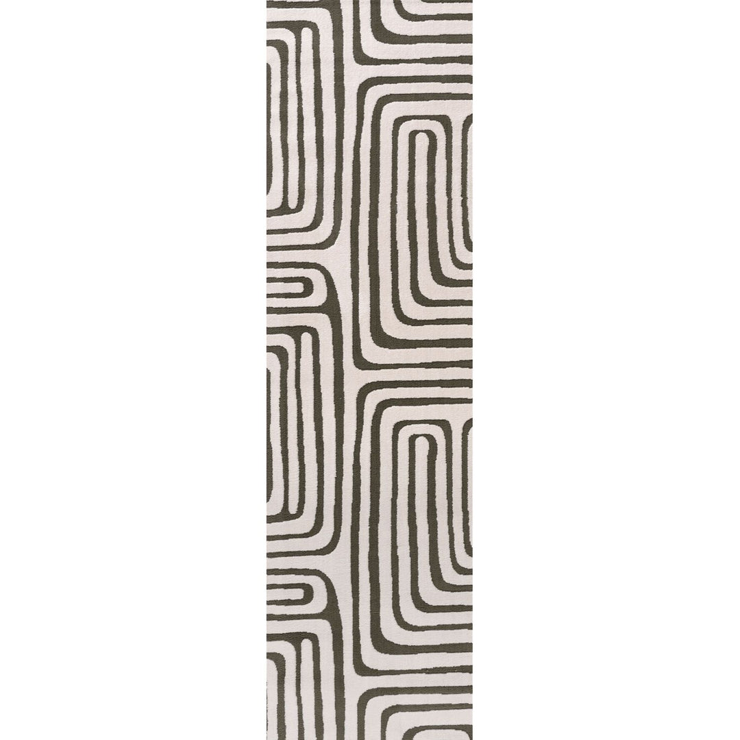 Rectangular area rug with a pattern of wavy lines on a plain background