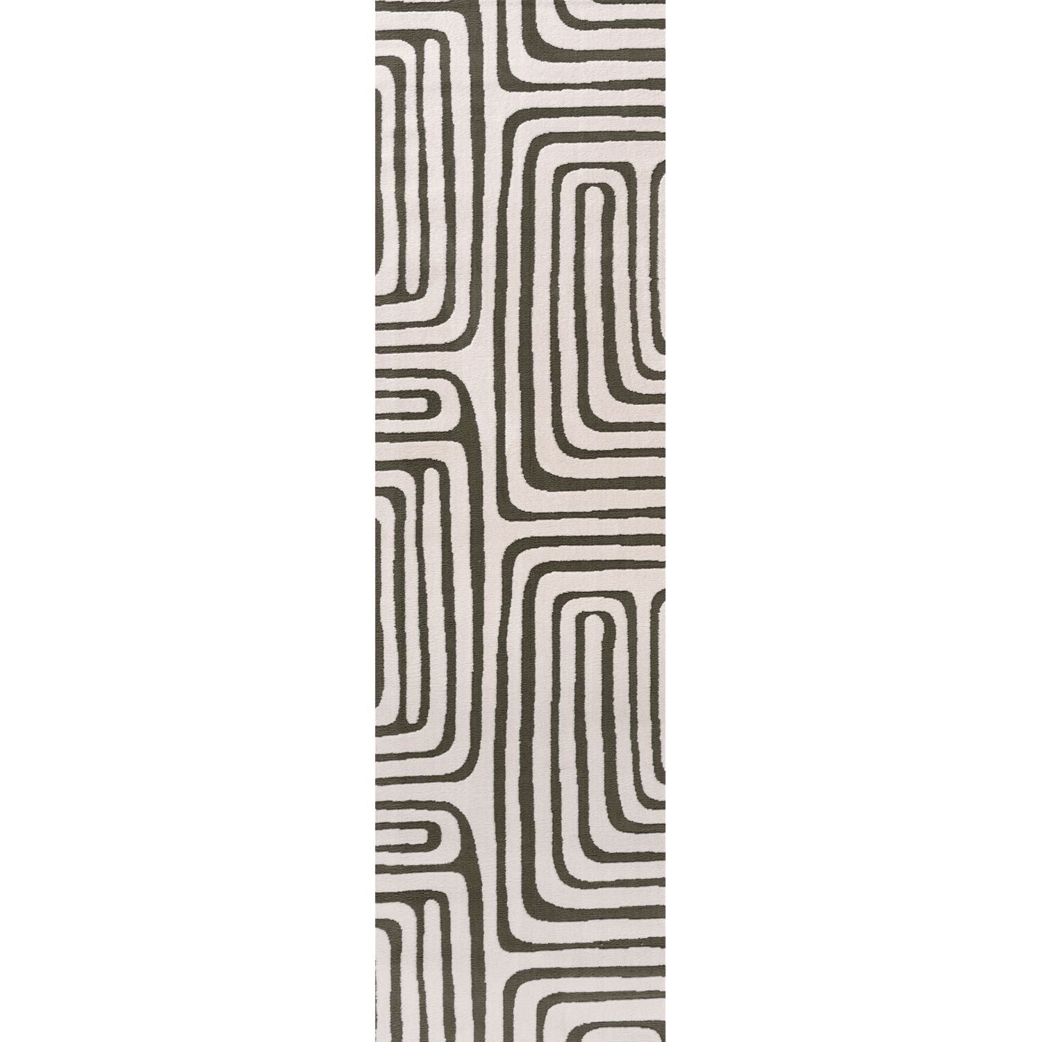 Rectangular area rug with a pattern of wavy lines on a plain background