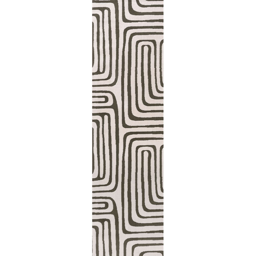 Rectangular area rug with a pattern of wavy lines on a plain background