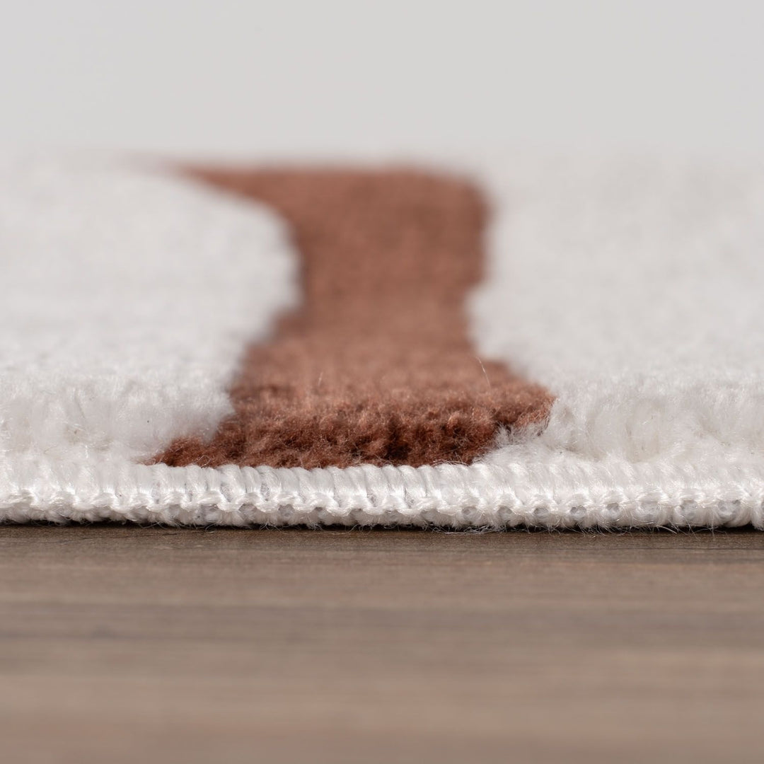 Close-up of a brown and white rug on a wooden floor.