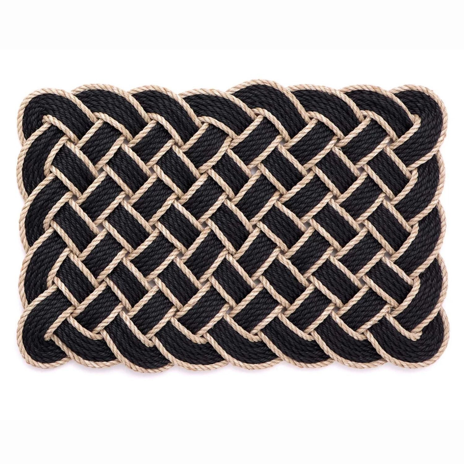 Nautical-style woven mat with black and beige rope on a white background