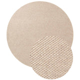 Round beige woven rug on a white background