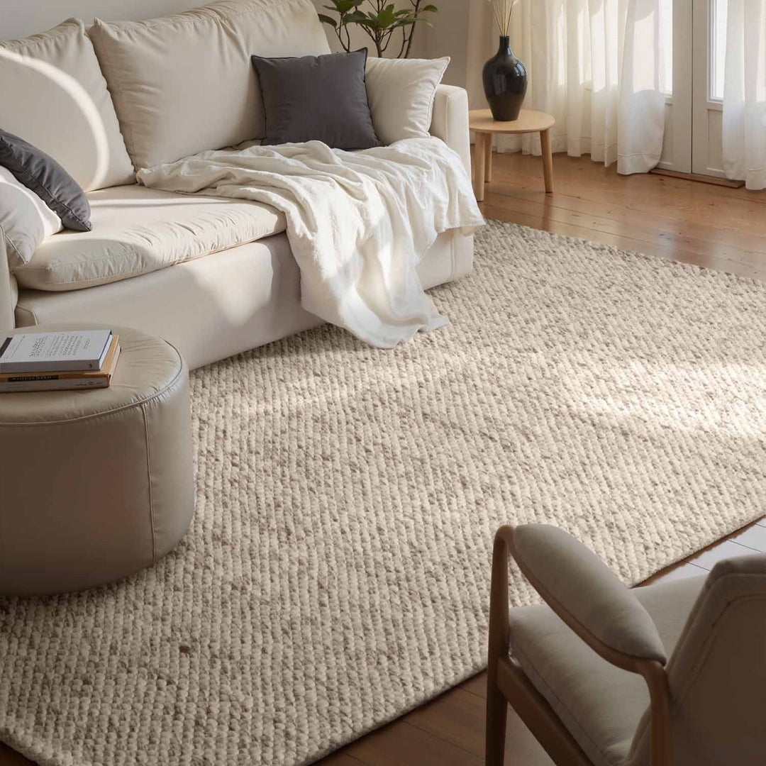 Living room with a beige sofa, rug, and chair in a bright room.