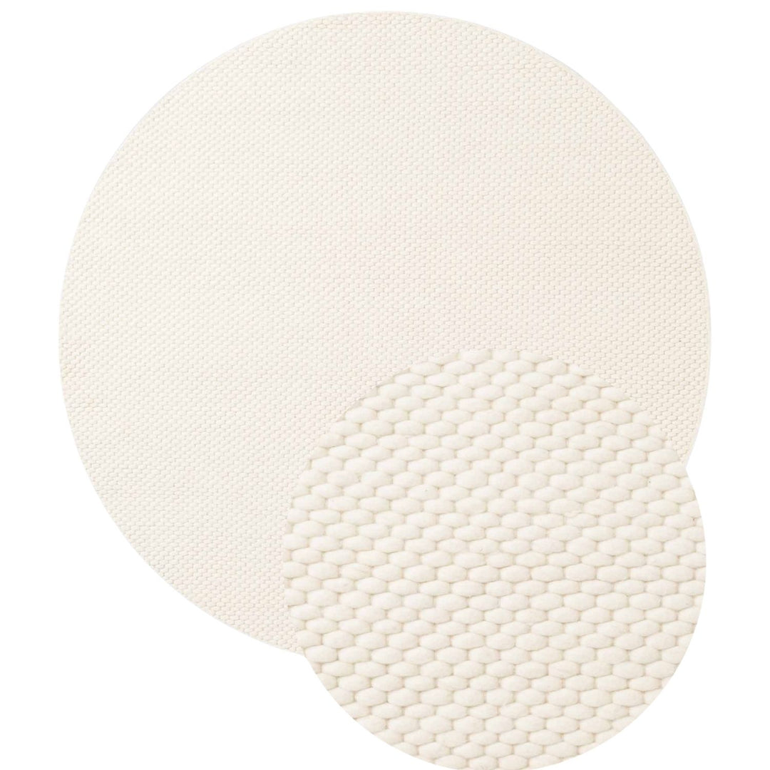 Round white rug with a textured pattern on a white background