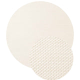 Round white rug with a textured pattern on a white background