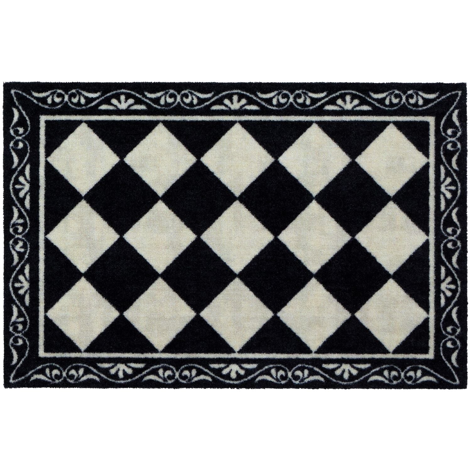 Black and white checkered rug with decorative border on a white background