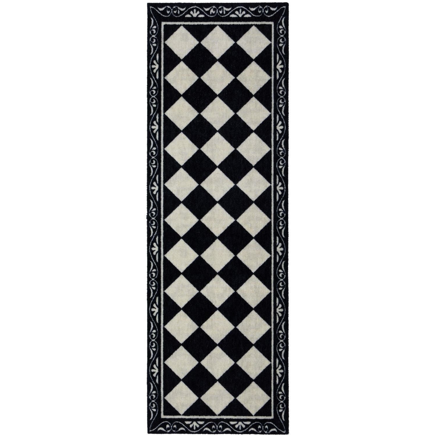 Black and white checkered rug with decorative border on a white background