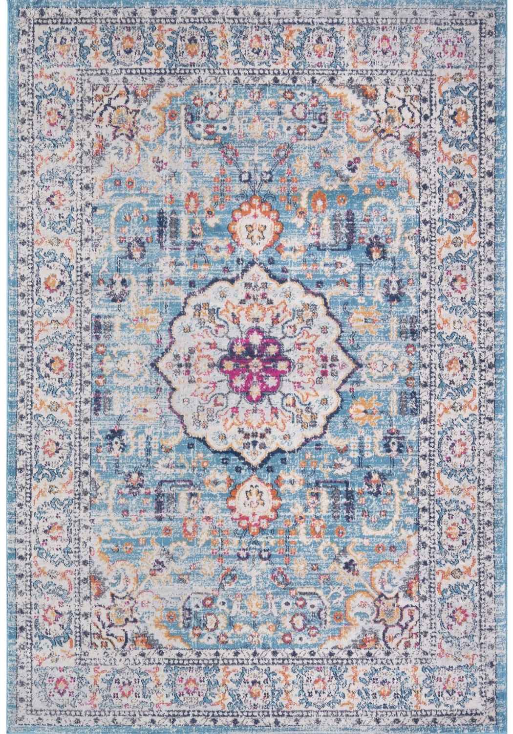 Multicolour Vintage Low Pile Rug | Blue Tones | The Rugs