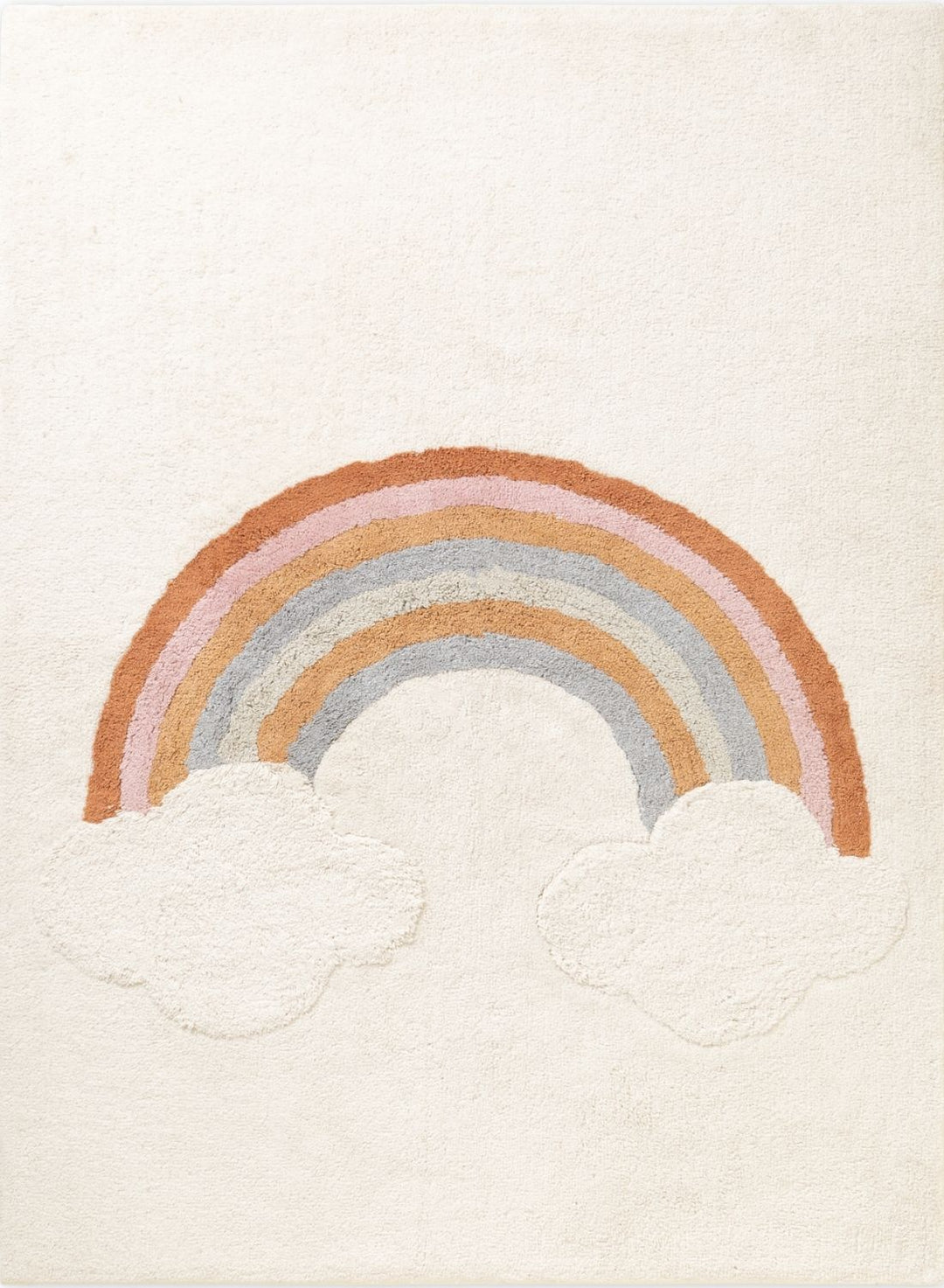 Rug with a rainbow and cloud design on a beige background