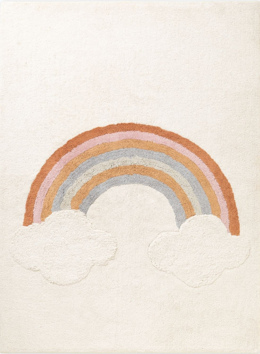 Rug with a rainbow and cloud design on a beige background