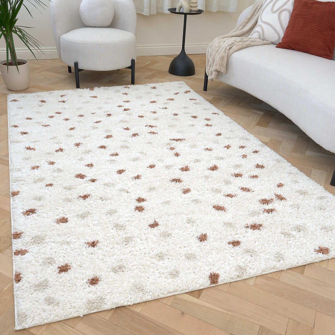 Moodi Shaggy Cream/Brown Rug, Dots design, Underfloor heating | THE RUGS