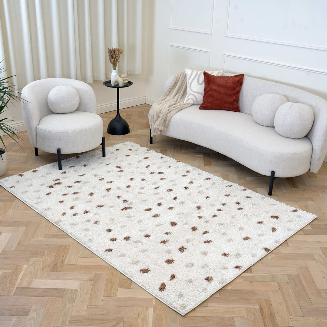 Moodi Shaggy Cream/Brown Rug, Dots design, Underfloor heating | THE RUGS