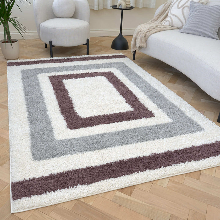 Moodi Shaggy Grey/Purple Rug, classic bordered design, fluffy pile | THE RUGS