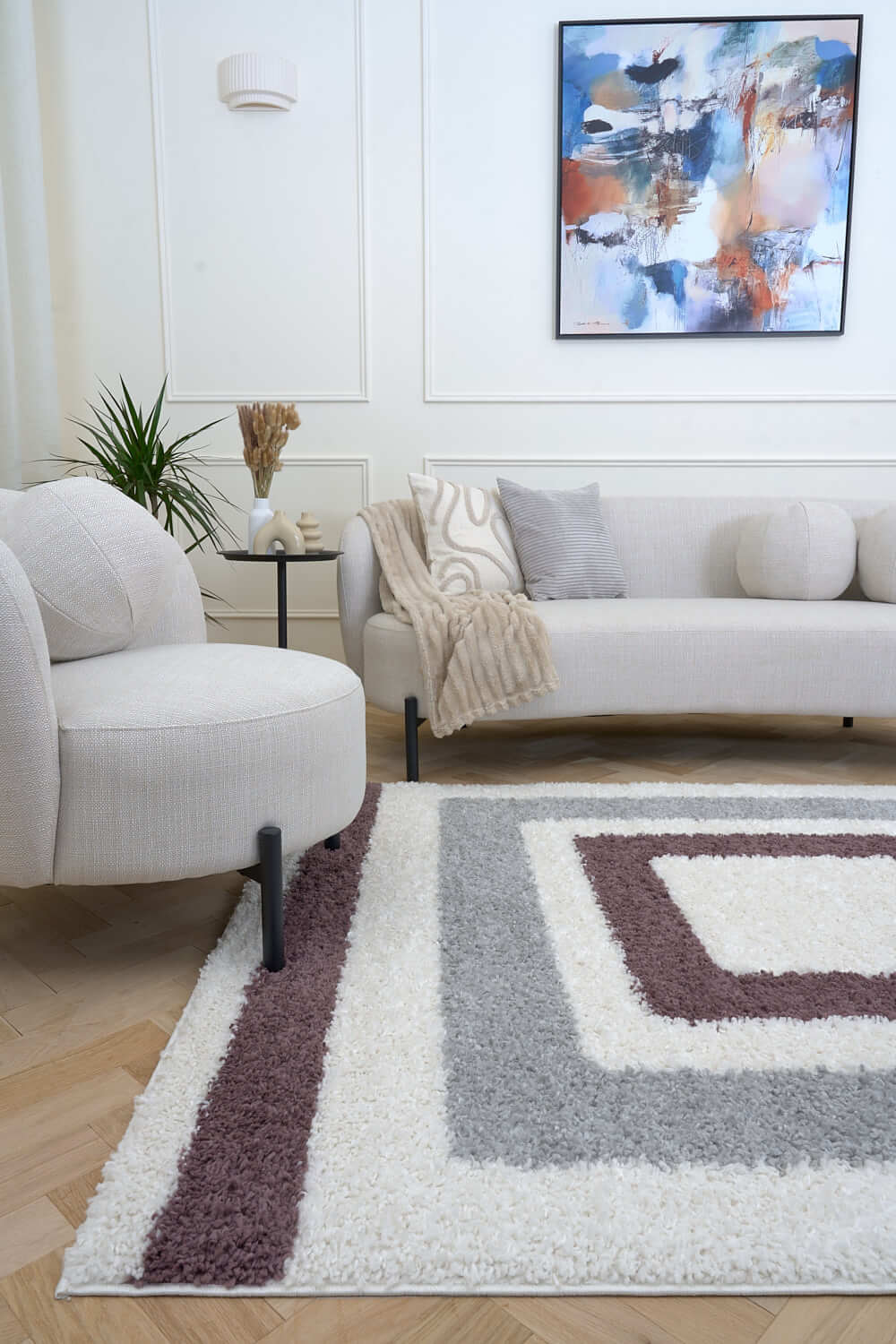 Moodi Shaggy Grey/Purple Rug, classic bordered design, fluffy pile | THE RUGS