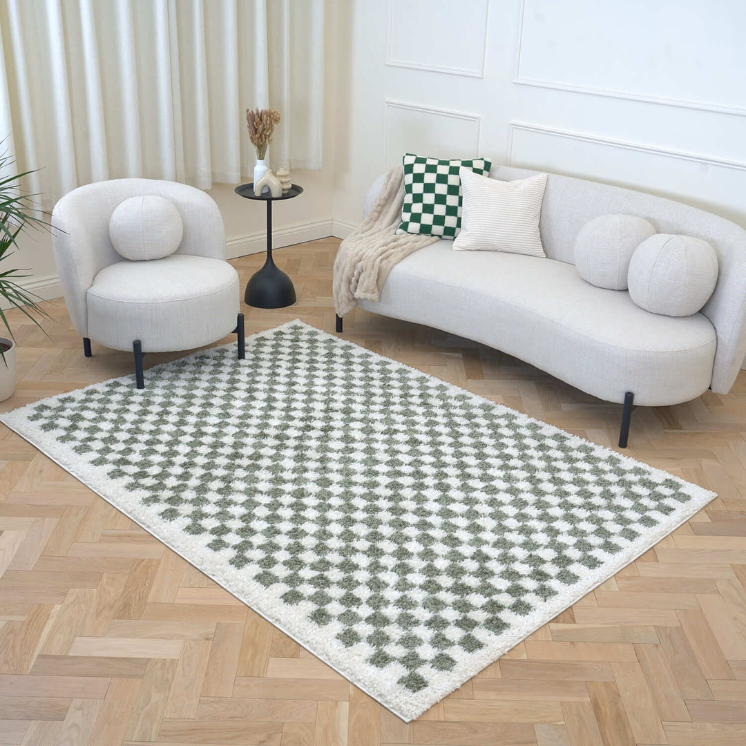 Moodi shaggy Green tartan design rug, Fluffy & soft pile | THE RUGS