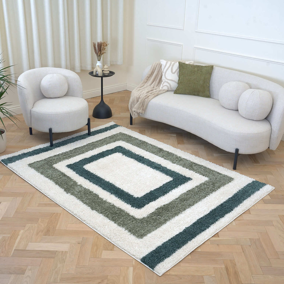 Moodi Shaggy Green Rug, Bordered design, underfloor heating | THE RUGS
