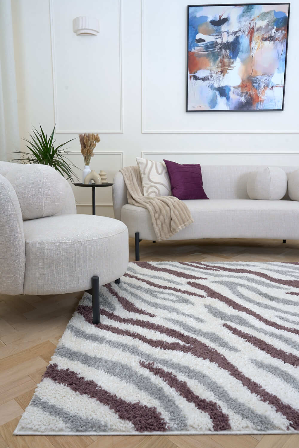 Moodi Shaggy Grey/Purple Rug, abstract design, soft pile | THE RUGS