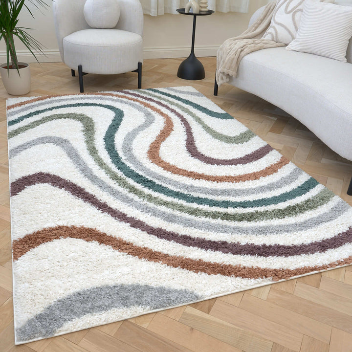 Moodi Shaggy Multicolour Rug, Striped design, Easy to clean| THE RUG