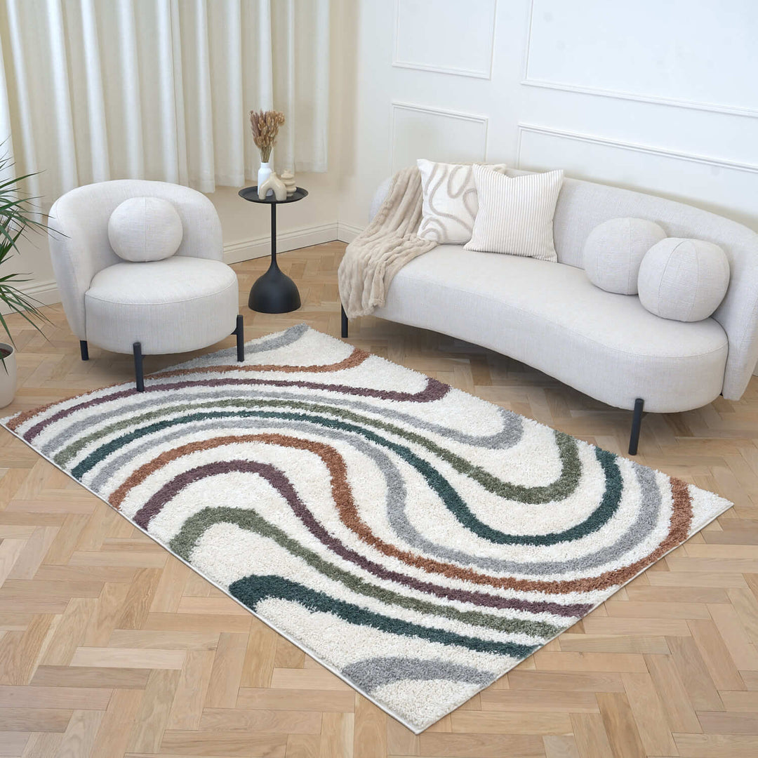 Moodi Shaggy Multicolour Rug, Striped design, Easy to clean| THE RUG