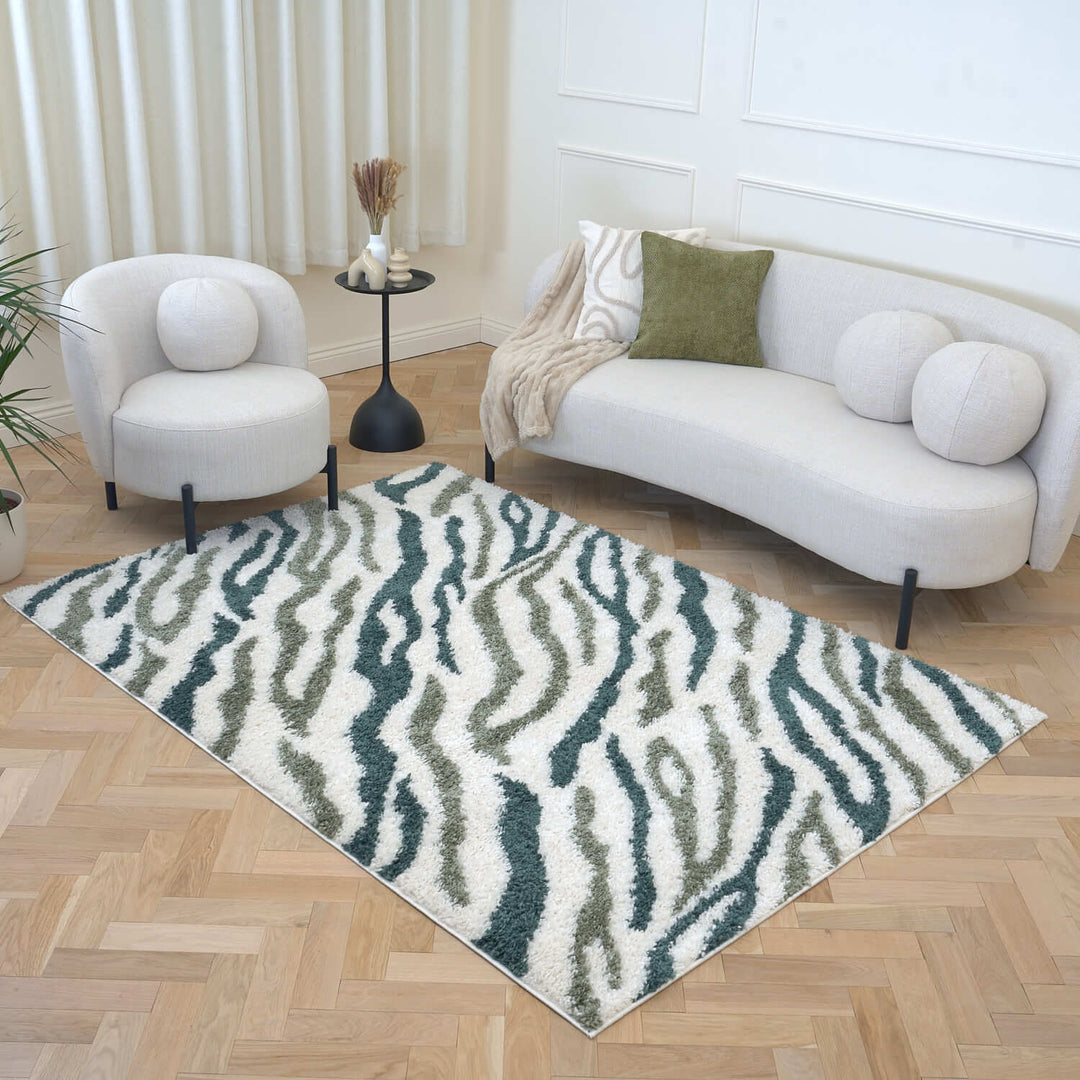 Moodi Shaggy Green Rug, abstract design, 30 mm plush pile | THE RUGS