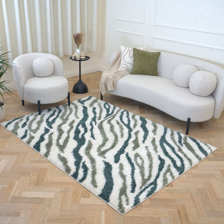 Moodi Shaggy Green Rug, abstract design, 30 mm plush pile | THE RUGS