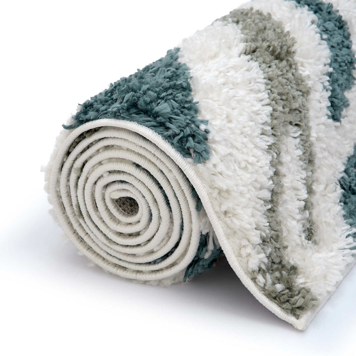 Moodi Shaggy Green Rug, abstract design, 30 mm plush pile | THE RUGS