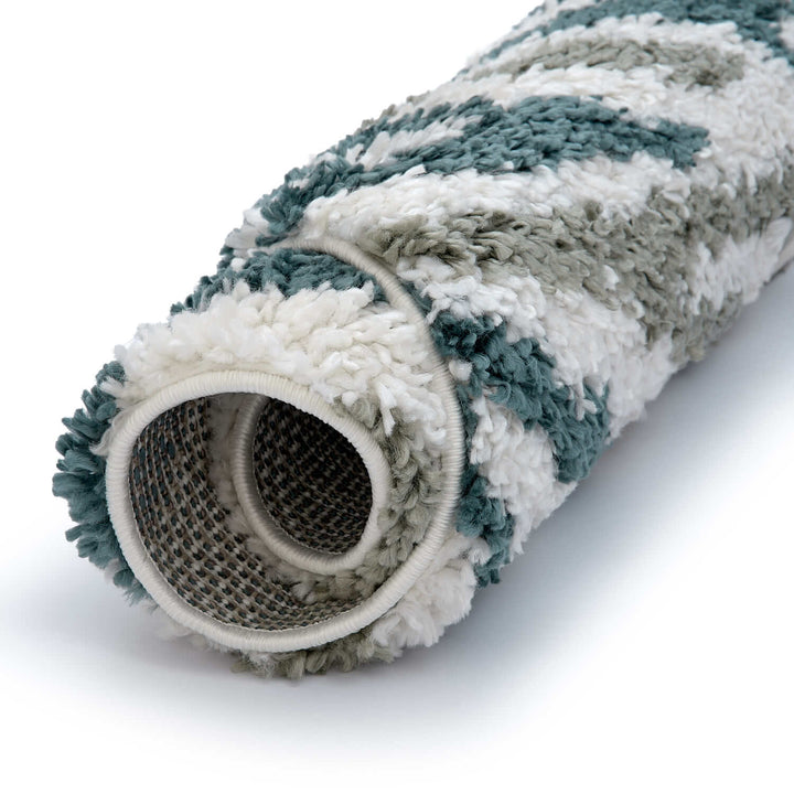 Moodi Shaggy Green Rug, abstract design, 30 mm plush pile | THE RUGS