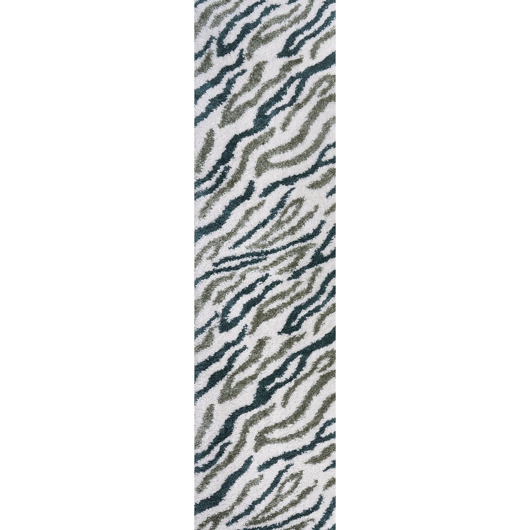 Moodi Shaggy Green Rug, abstract design, 30 mm plush pile | THE RUGS