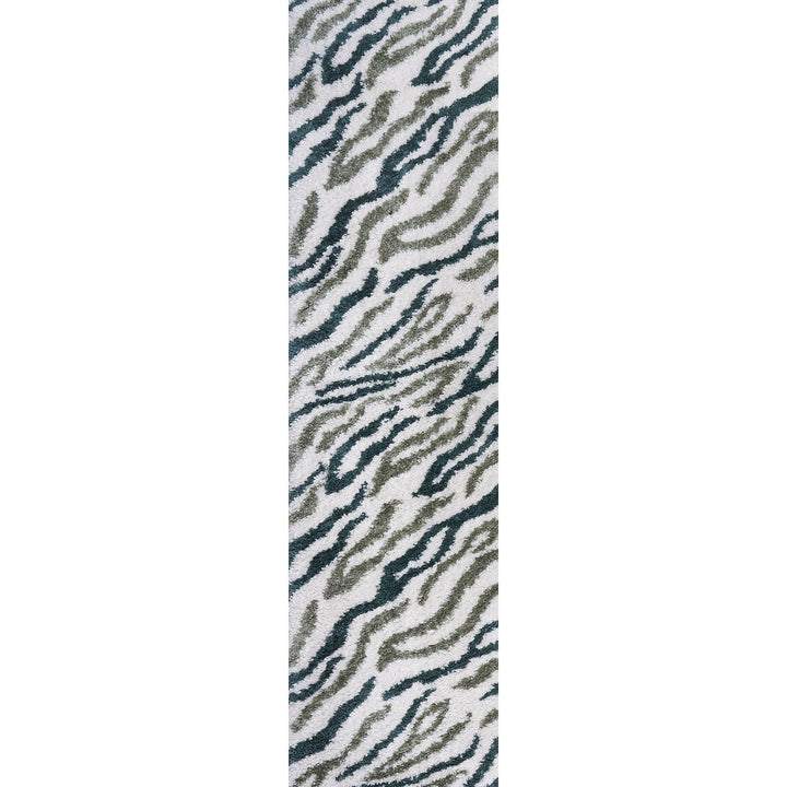 Moodi Shaggy Green Rug, abstract design, 30 mm plush pile | THE RUGS